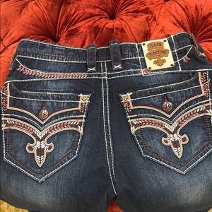 Rock Revival MEN’S Dark Blue Boot Cut Jeans with Red Embroidery